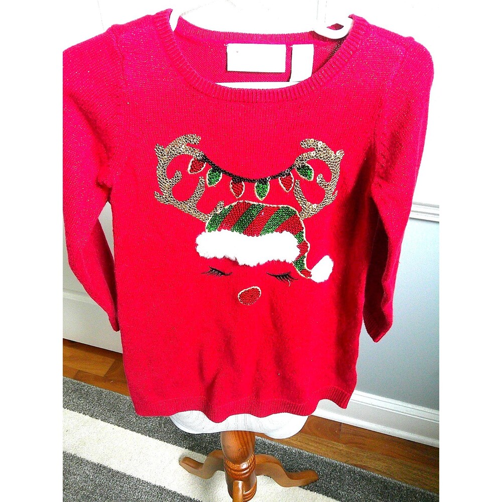 NEW  Children’s Place Red Metallic Reindeer Sweater Embroidered & Sequined  2T